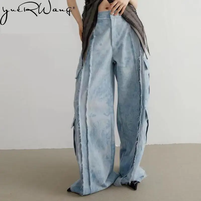 

Женские джинсовые брюки yuerwang, осенние свободные повседневные длинные широкие джинсы с принтом тай-дай и множеством карманов, с высокой талией, 2023