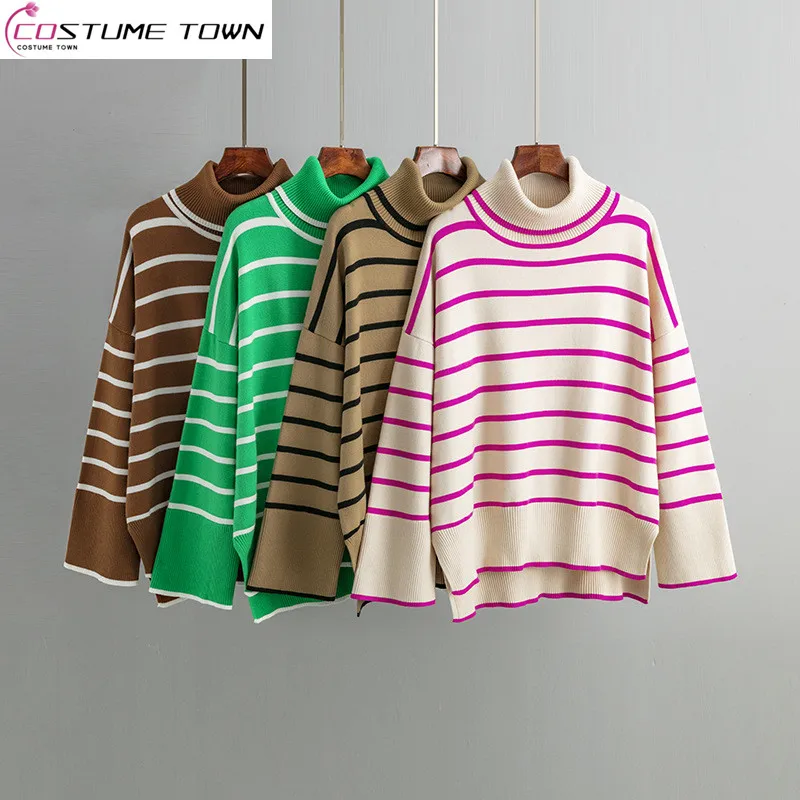 

Fashion Women's Top 2023 Autumn/Winter Knitwear Pullover Contrast Stripe High Neck Sweater Loose Casual Women's Wear