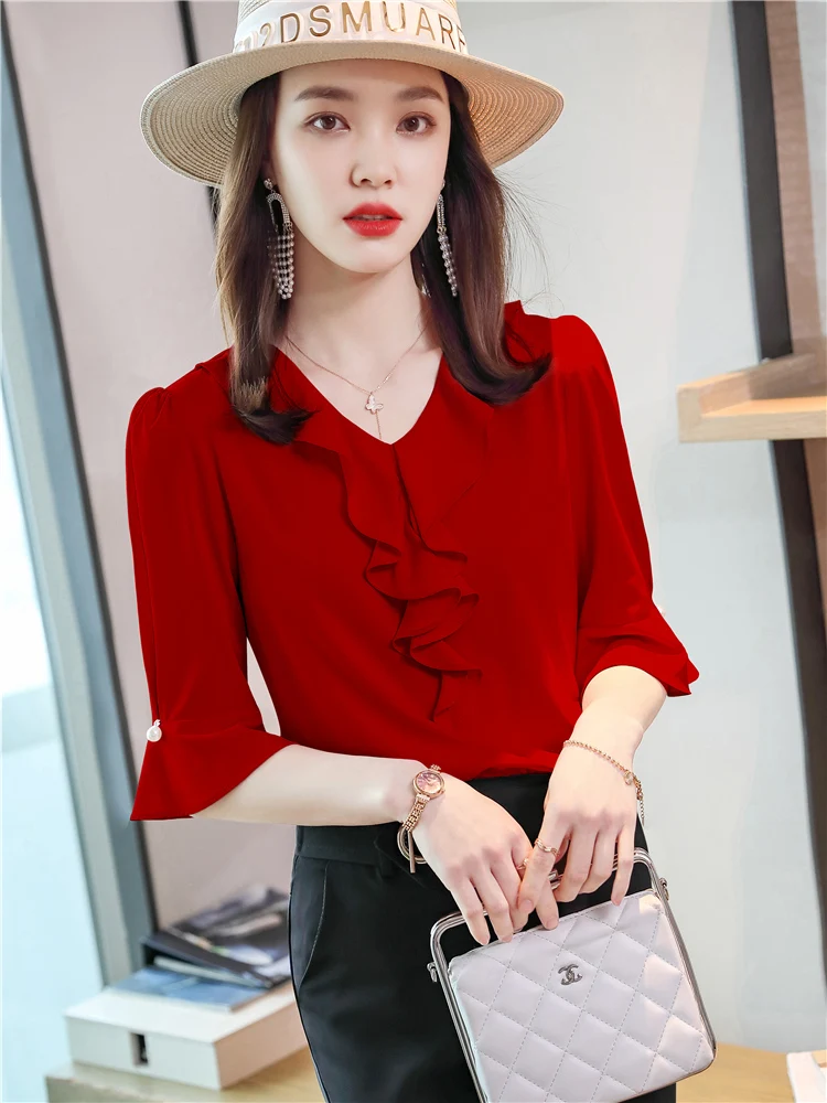 Red Short Sleeve Ruffle Top Blouse | Ladies Blouses Plus