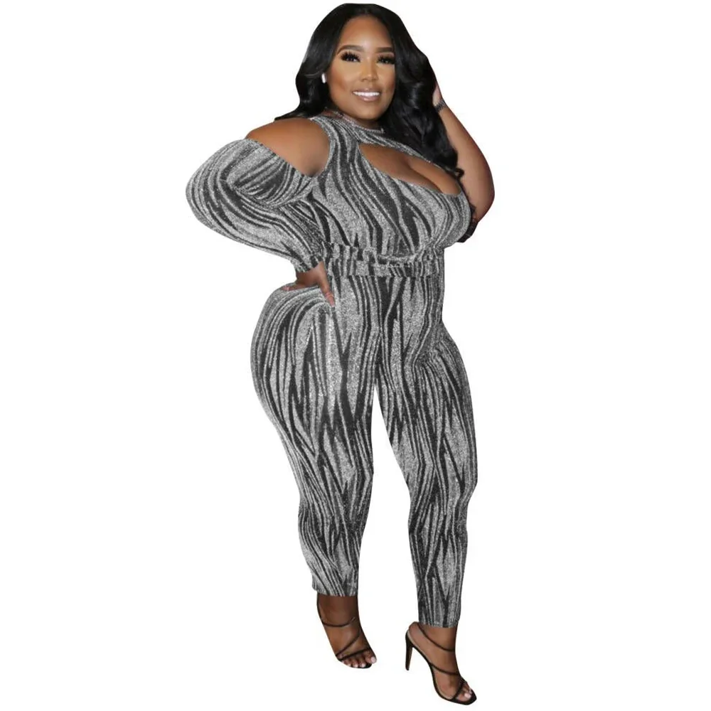 Sexy Jumpsuits Plus Size Women Clothing  Single Long Sleeve Hollow Out  Club Outfits Bodycon Stretch Wholesale Drop Shipping