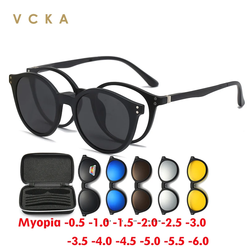 

VCKA 6 In1 Square Polarized Myopia Sunglasses Men Women Magnetic Clip Glasses Frames Optical Prescription Eyewear -0.5 to -6.0