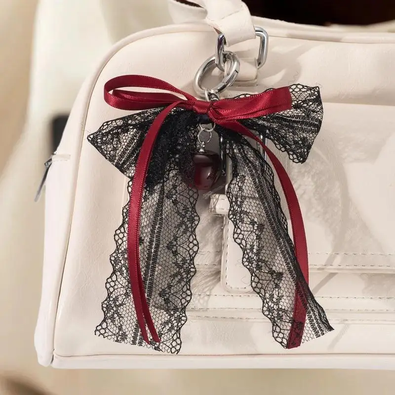 Lace Bow Hollow Red Ribbon Cherry Fashion Charm Keychain - Delicate Valentine's Day Gift Accessory