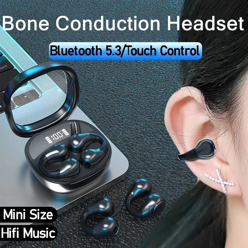 LED Bone Conduction Earphone Bluetooth 5.3 Ear Clip on Ear Earring Touch Control Headphones Sports Headsets Ear Hook with Mic