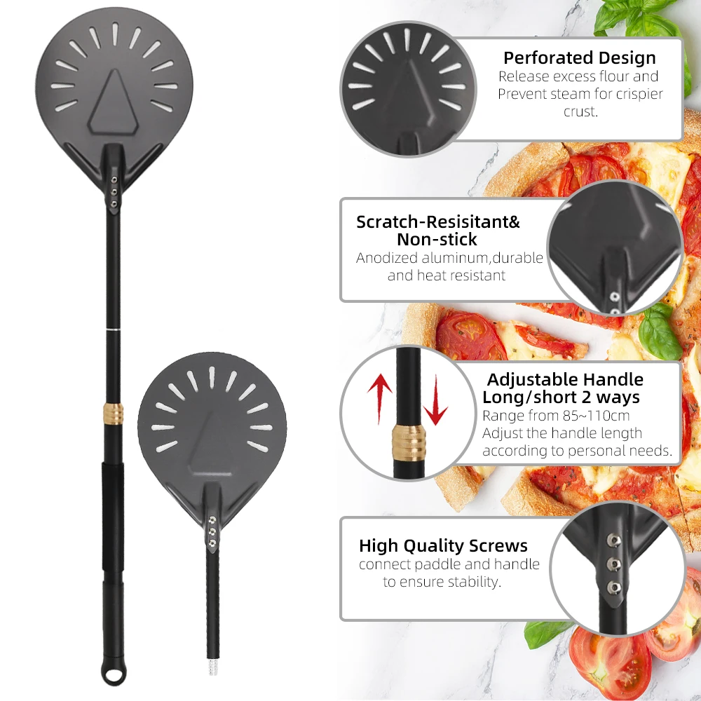 Adjustable Pizza Peel Turning Hard Anodized Paddle Round Pizza Baking Tools Long Handle Aluminum Shovel Nonstick Kitchen