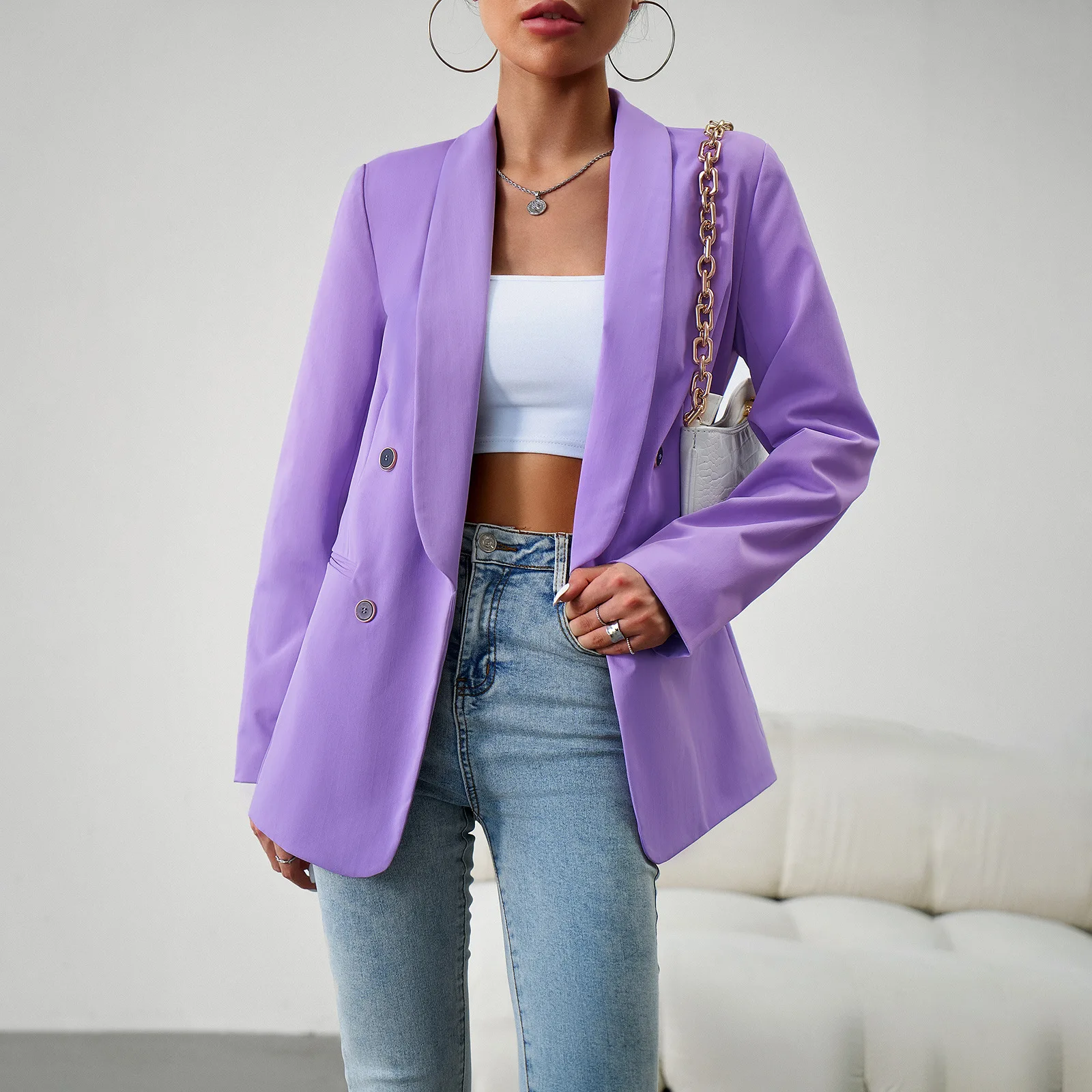 Tesco Solid Color Women Blazer Loose Shawl Lapels Office Lady Coat Double Breasted Full Sleeve Female Clothing blazer mujer