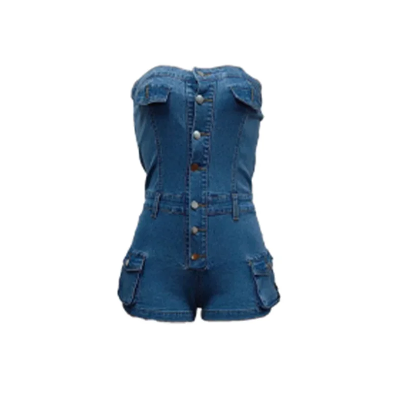 Women One-line Collar Sleeveless Denim Jumpsuit Shorts Fashion Casual 3D Pocket Rompers Female Single-breasted Splice Playsuits