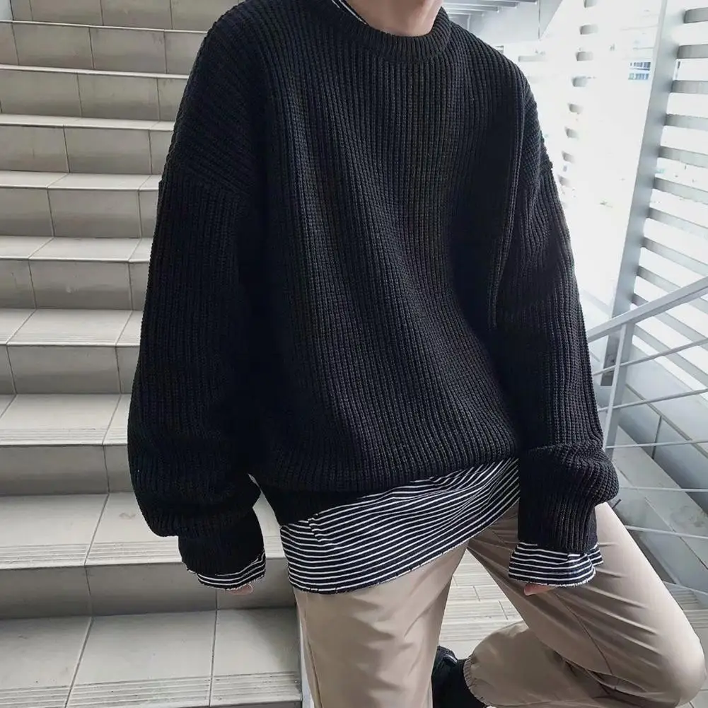 Men Relaxed Fit Sweater Korean Style Men's Pullover Sweater Autumn Winter O-neck Long Sleeve Solid Color Loose for Streetwear pullover sweater for men women autumn winter academy lose tops new trend all match bottoming sweater thick korean style handsome