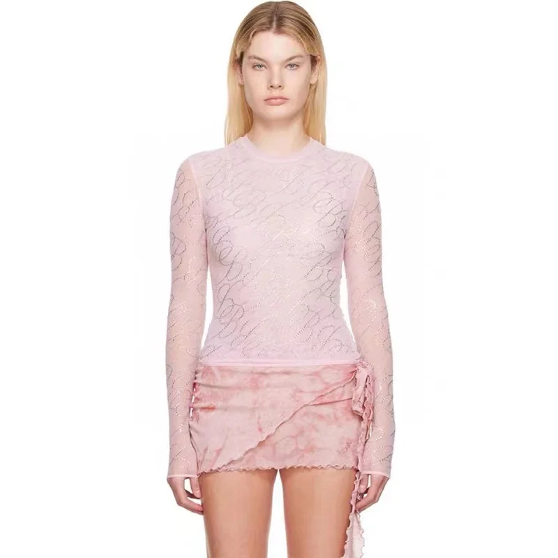 

2022 autumn fashion nifty commuter slim stretch rhinestones breathable mesh round neck pullover