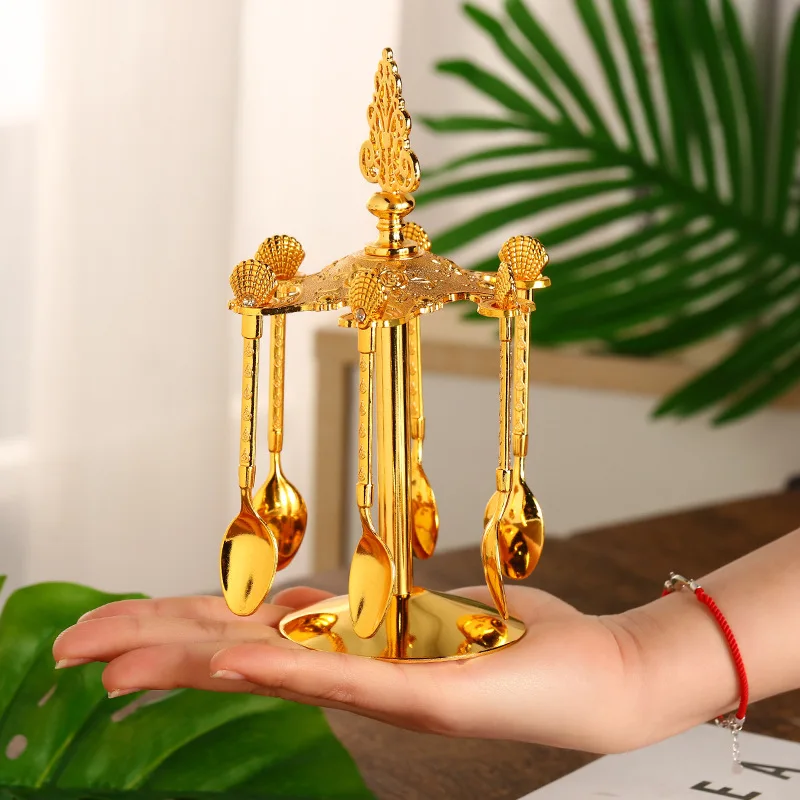 

Creative Spoon Storage Stand Set European Alloy Ornaments Spoon Salad Spoon 7-Piece Golden Home