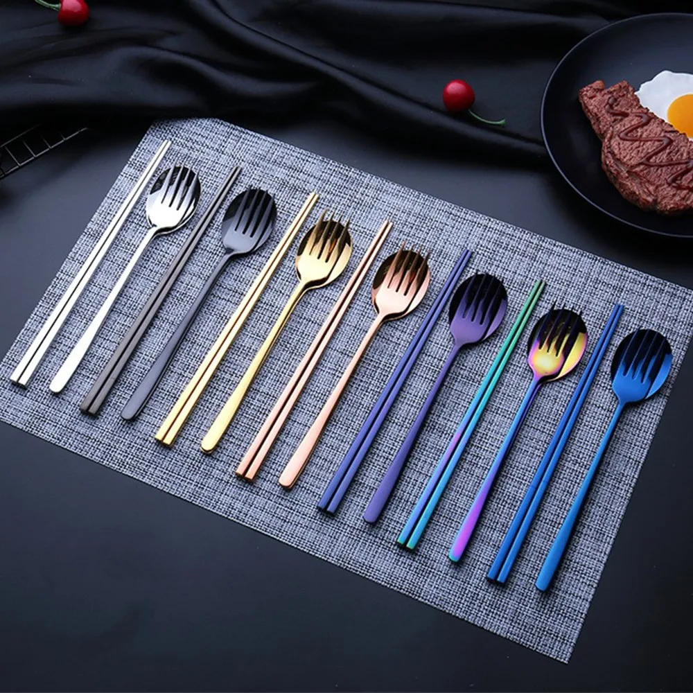 

Cutlery Set Stainless Spoon Fork Chopsticks Dinnerware Set Portable Tableware Three-Piece