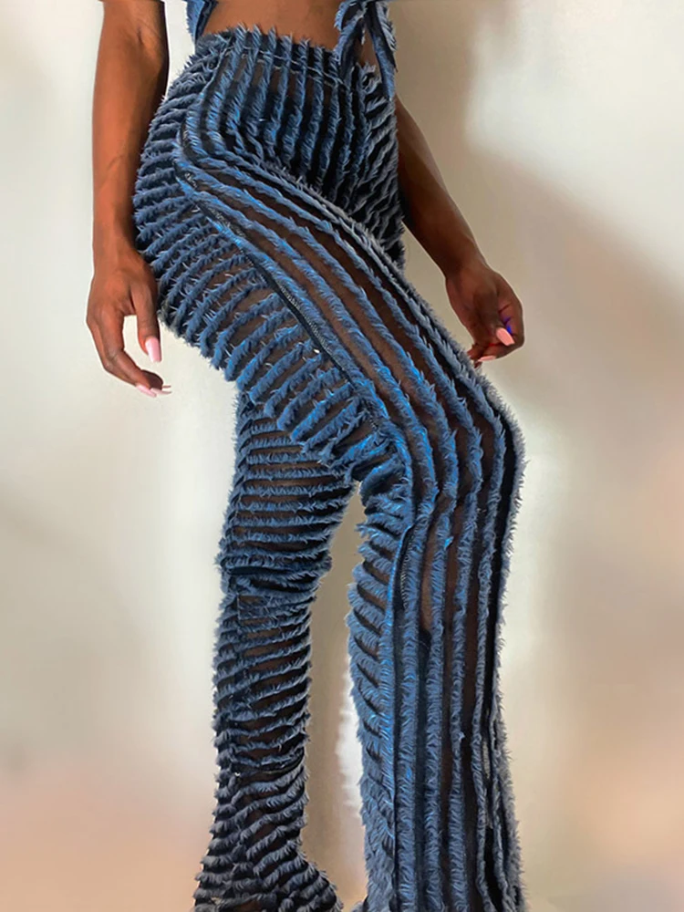 Sibybo Women Fashion Trousers Sexy See-through Brushed Striped Flared Pants Autumn High Waist Hot Girl Trousers Women's Clothing