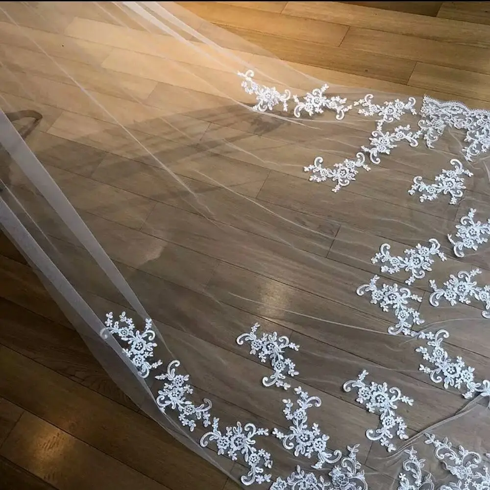 

3M 1L Wedding Veils Cathedral Length Lace Appliques Soft Tulle Bridal Accessories White Ivory Custom Made Free Comb Veil