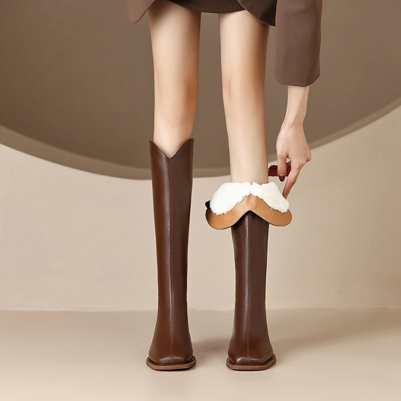 

Женские сапоги до колена, сапоги из воловьей кожи, на молнии сзади, средней длины, зима 2022