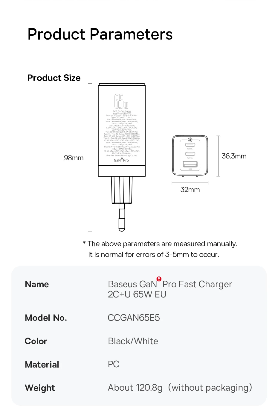 Baseus-Carregador Portátil GaN USB, 65W, Carregamento Rápido