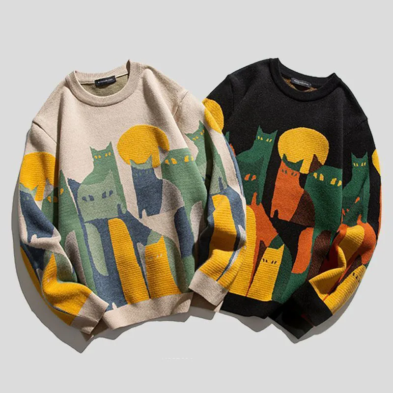 

2023 Autumn Harajuku Knitted Sweater Men Women Winter Cartoon Full Cat Print Pullover Vintage Causal Loose Sweaters Streetwear