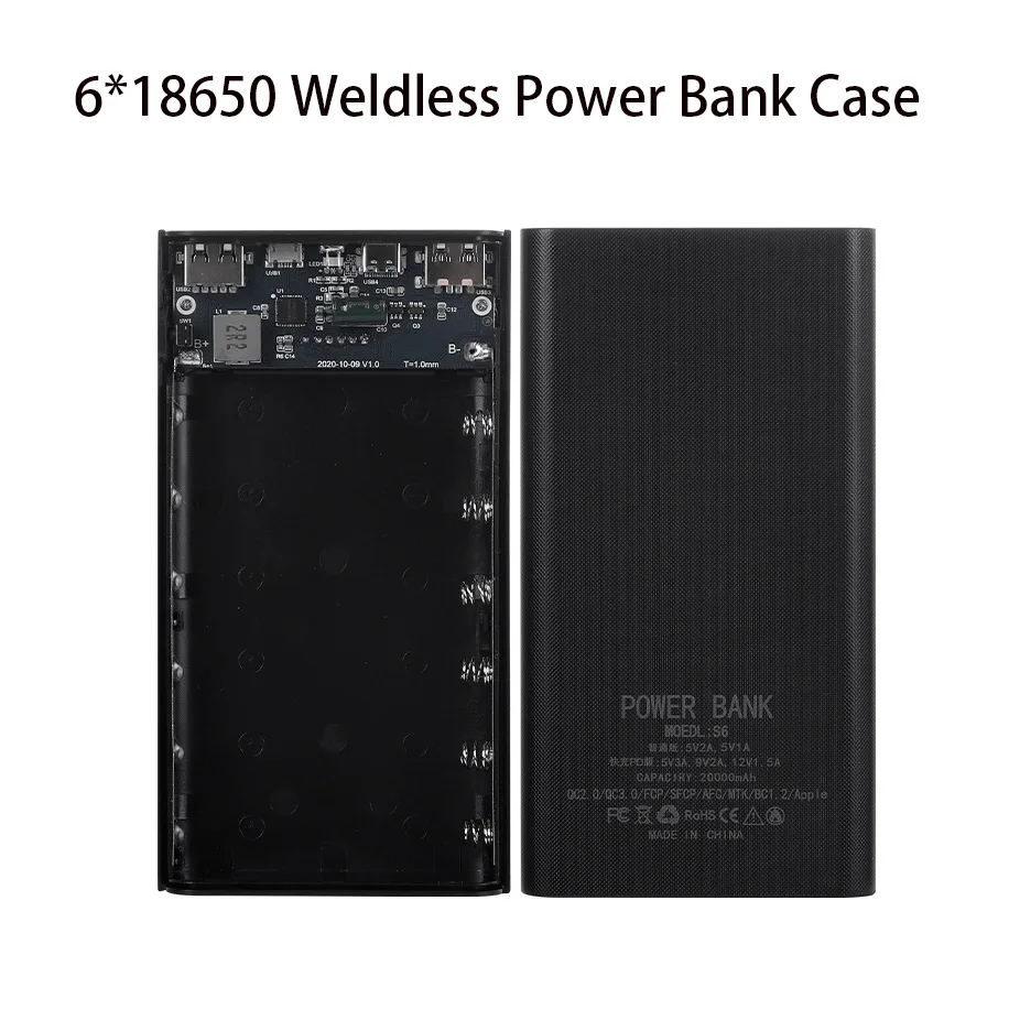 DIY 6*18650 파워뱅크 배터리 박스 홀더 듀얼 USB 타입 C 마이크로 22.5W 고속 충전 케이스 LED 라이트 포함 18650 배터리 케이스