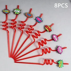 Set of 8 Reusable Spiral Straws with Decorative Lids - Perfect for Birthdays and Themed Celebrations (Red)