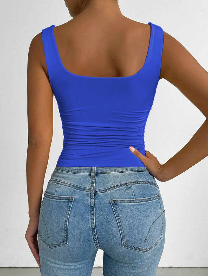 Damen Schwarz-Weißes Casual Basic Ärmelloses T-Shirt, Elegantes Schulterfreies Crop Top mit Quadratischem Ausschnitt, Sexy Figurbetontes Rückenfreies Tanktop – Detail 11