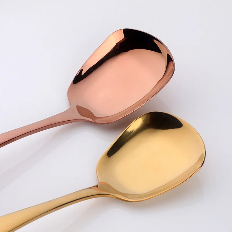 Stainless Steel Spoon Stainless Steel Spoon Set 1PC Plat Bottom Spoon Stainless Steel Square Dinner spoons Rice Dinnerware Child Samll Gold Spoon for Ice Cream Dessert Salad