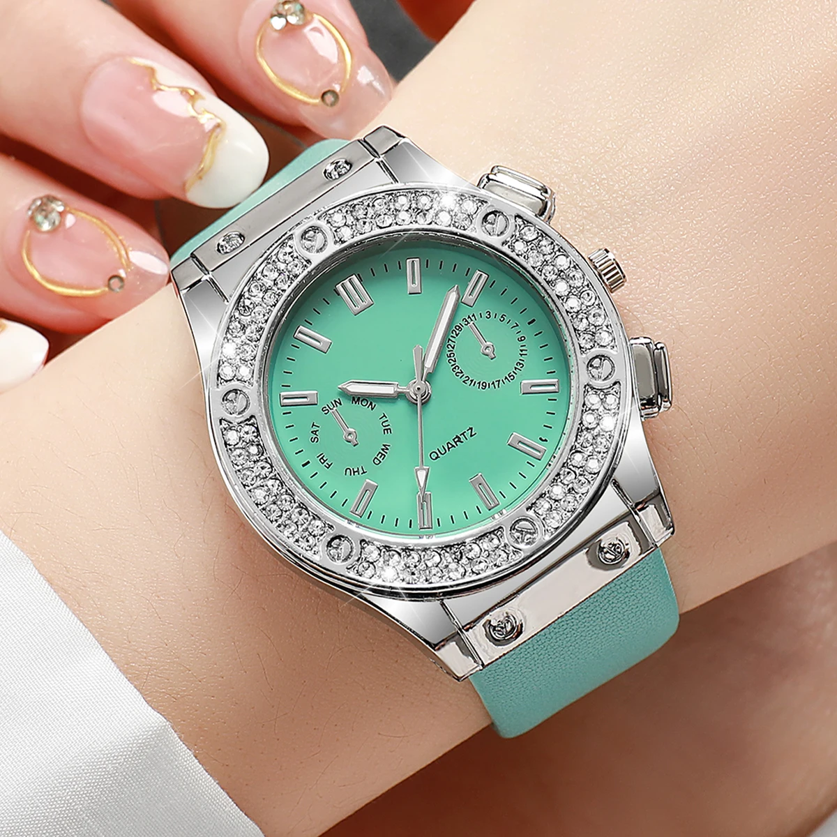 Women Green Leather Strap Quartz Watch Star Jewlery Set 4pcs