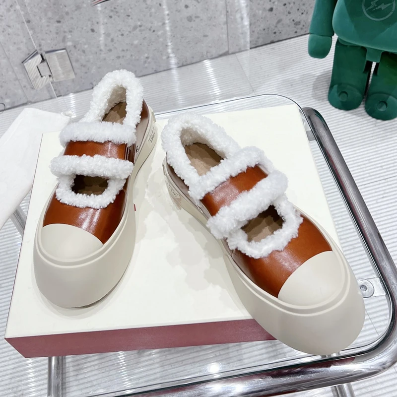 

wool Snow boots shoes Genuine leather thick soled women's shoes plush shoes winter keeping warm platform large head cowhide