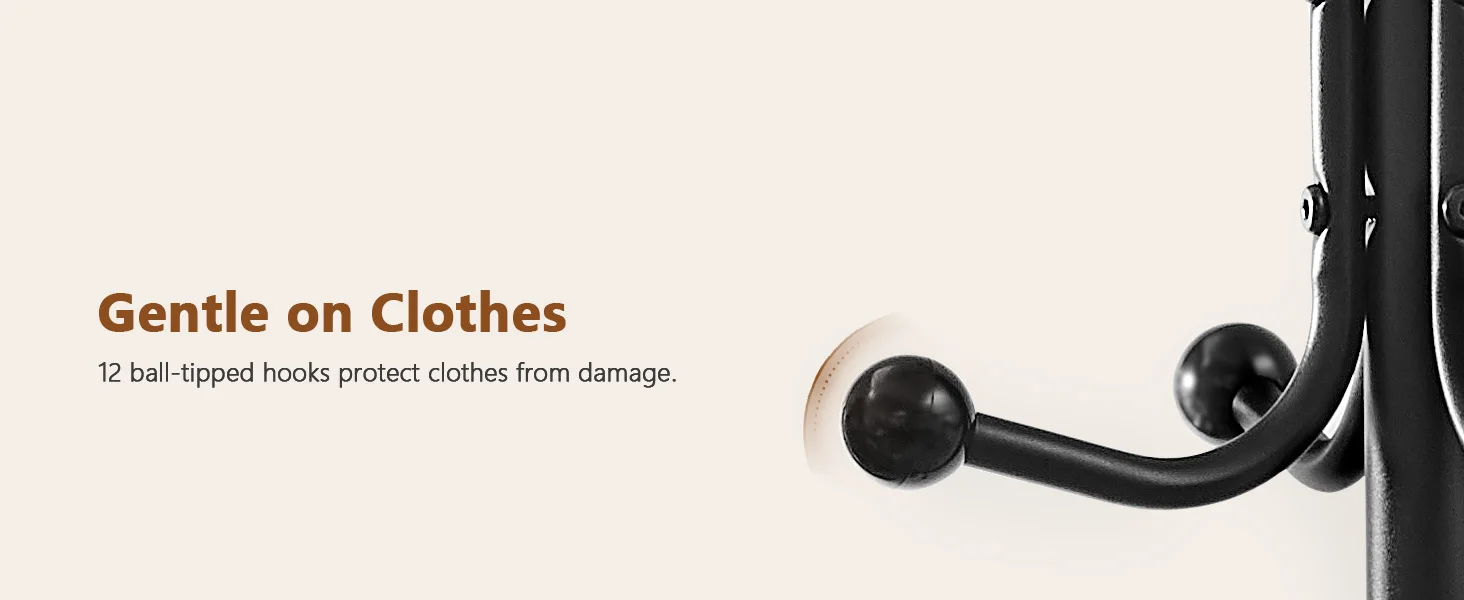 The rounded ends of the 12 hooks prevent clothes from slipping off and protect them from damage.