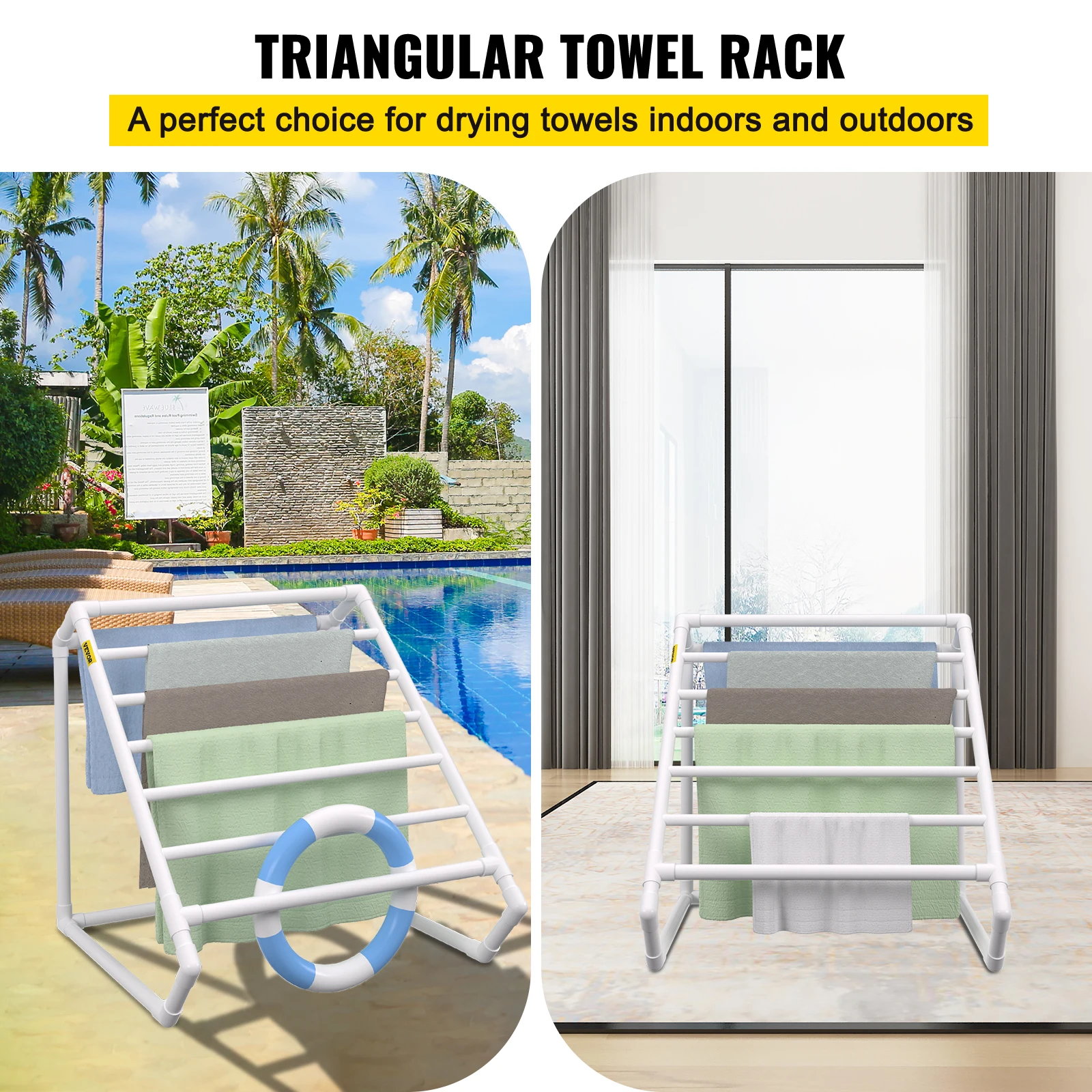 VEVOR Pool Towel Rack 8 Bar White Freestanding Outdoor PVC Triangular Poolside Storage Organizer Include 8 Towel Clips Mesh Bag