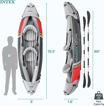 Dakota K2 2 Person Vinyl Kayak and Accessory Kit with 86 Inch Oars Air Pump and Carry Bag for Lakes and Rivers,Gray and Red 1