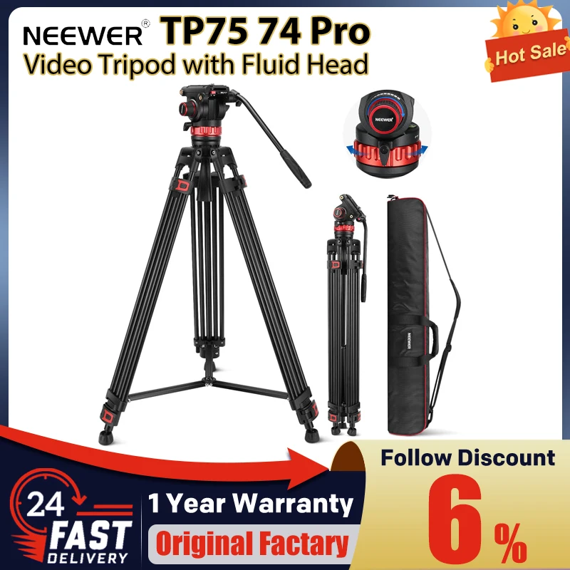 NEEWER TP75 프로 비디오 삼각대, 유체 헤드, 35 -74 쉬운 삼각대 높이 조절, 팬 틸트 유체 드래그, 74