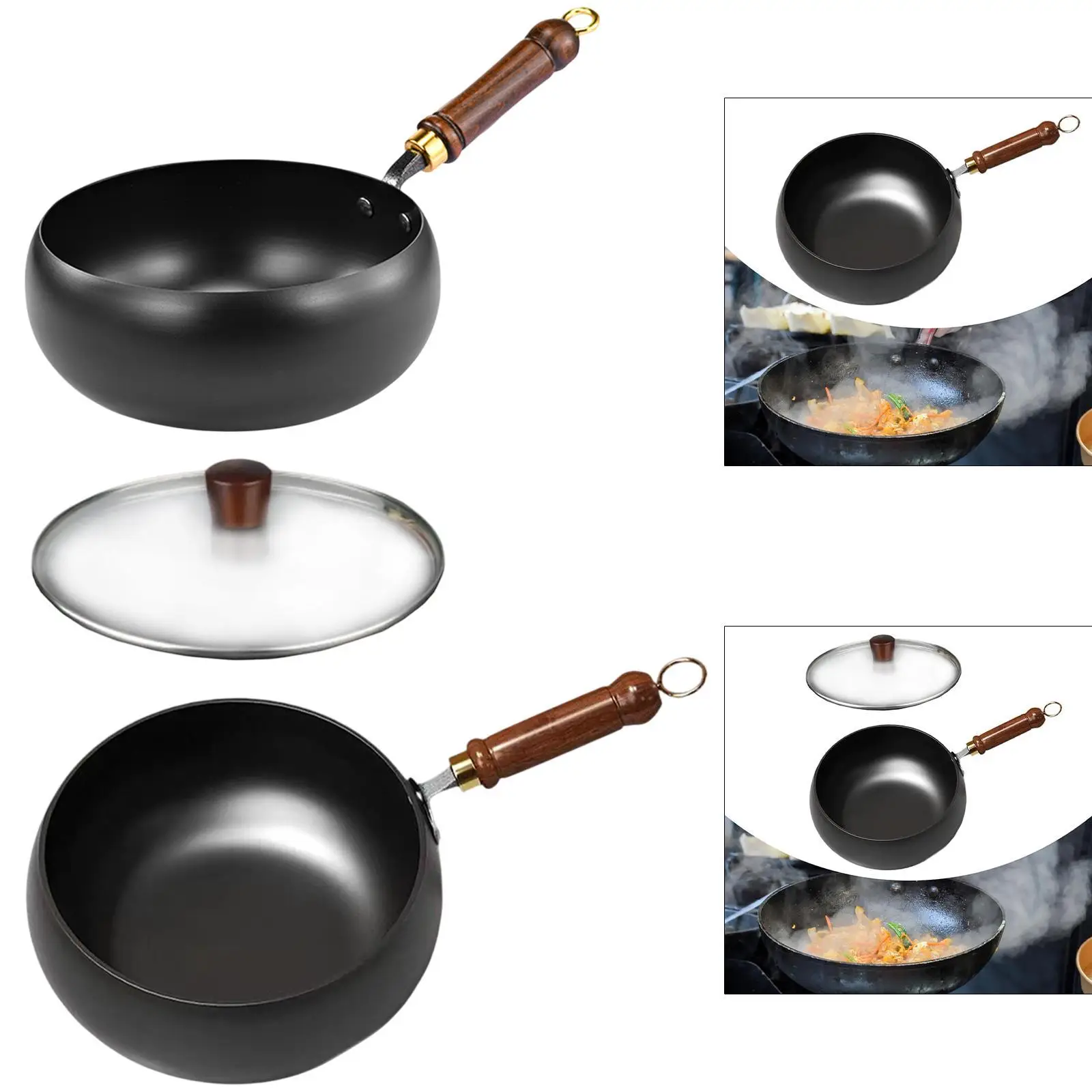 Nonstick Wok Frying Pan Wooden Handle Induction Cooker Boiling No Coating Gas Chinese Wok Flat Bottom for Kitchen Camping