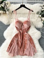 SINGREINY Strap Sexy Velvet Dress Fashion Senior Pearls Sleeveless Slim Women Lace Hollow out Backless High Quality Mini Dress