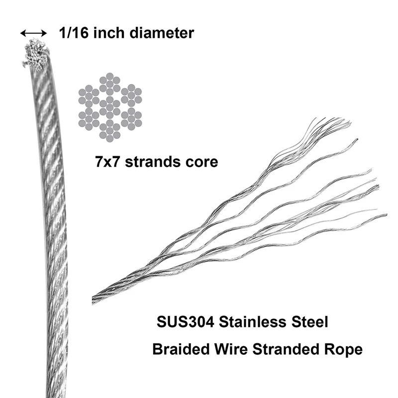 LLCS-5Pcs 1/16Inch X 500Feet Wire Rope Cable, Braided Wire Stranded Rope Aircraft Cable For Outdoor Clothesline, Trellis,