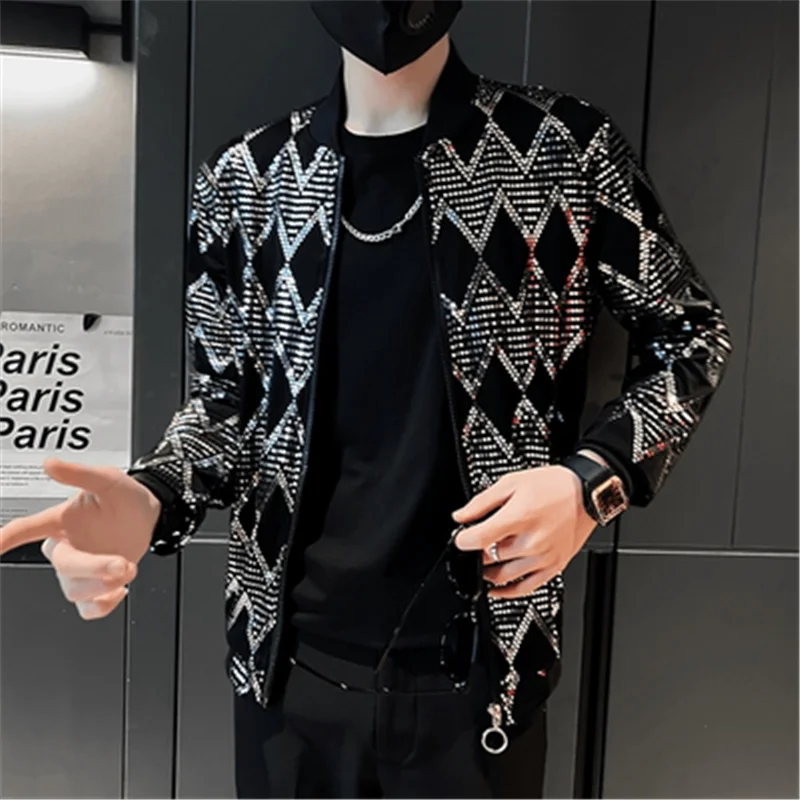 

Streetwear Men Jacket Coat 5XL Big Size Bomber Jacket Man Geometry Sequin Print Bar Stage Male Clothing Casual Jaqueta Couro