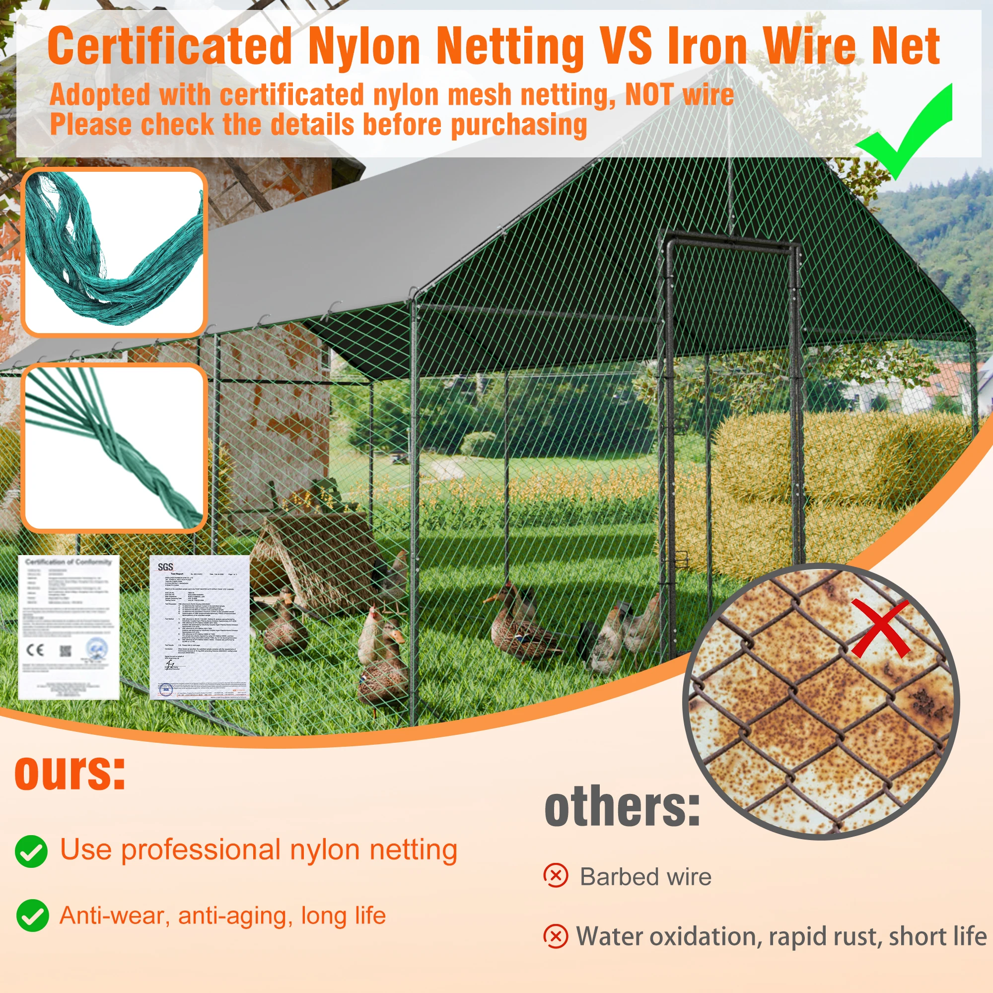 Large Outdoor Upgrade Metal Chicken Coop Walk-in Poultry Run Pen Cage Pet Duck Hen House with Nylon Netting and Cover for Yards chicken coop