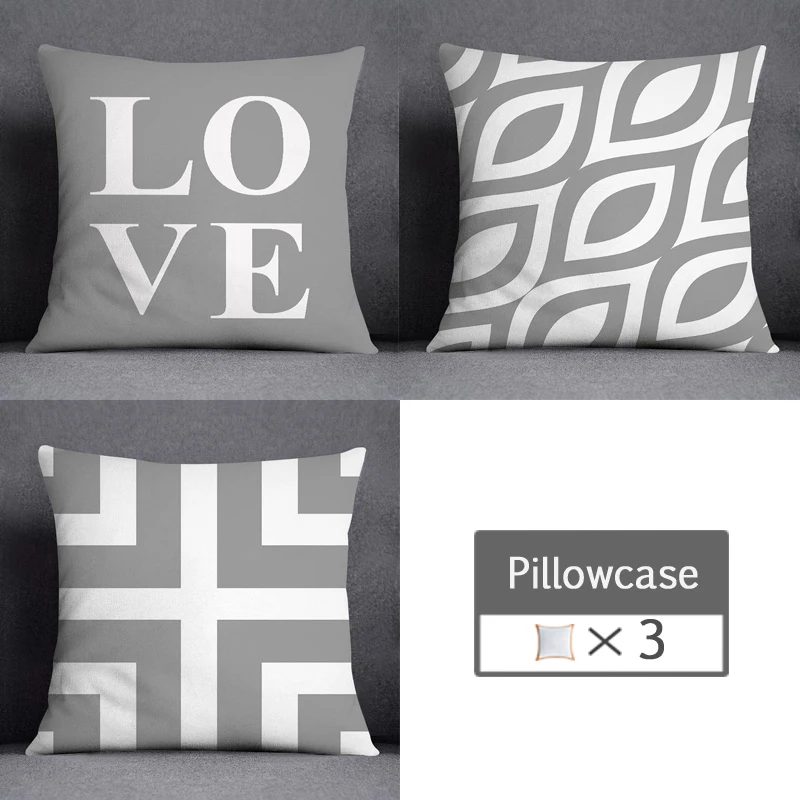 3pcs/lot 45X45CM Gray Lumbar Pillow Case Polyester Geometry Leaf Floral Stripes Plaids Print Sofa Throw Cushion Cover Home Decor 