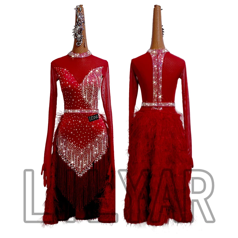 New Latin dance dress competition performance dress adult custom red feather diamond dance dress