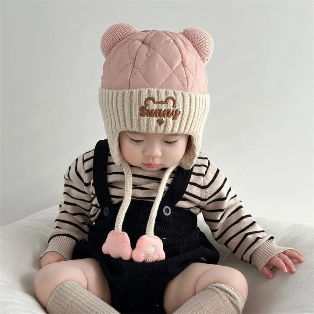 New Cartoon Bear Pullover Cap Warm Coldproof Ear Protection Hat Windproof Pompom Knitted Cap Kids