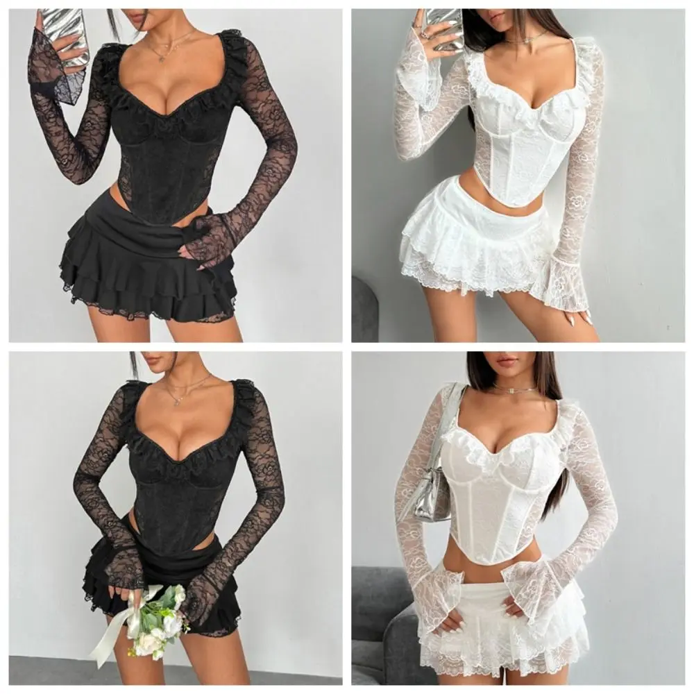 Description Picture 6 of itemRuffled Lace Corset T Shirts V-neck Slim Fit Long Sleeve Mesh Shirts Streetwear Transparent Lace Crop Tops Women Spring Summer