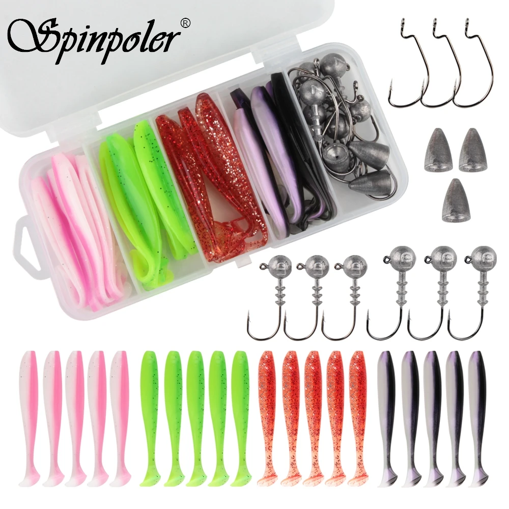 Spinpoler Bass Bait Plastic Soft Fishing Lure T Tail Artificial Jig Head Kit  Shad Hook Jigging 32 Piece Kit For Pike Trout Pesca - AliExpress