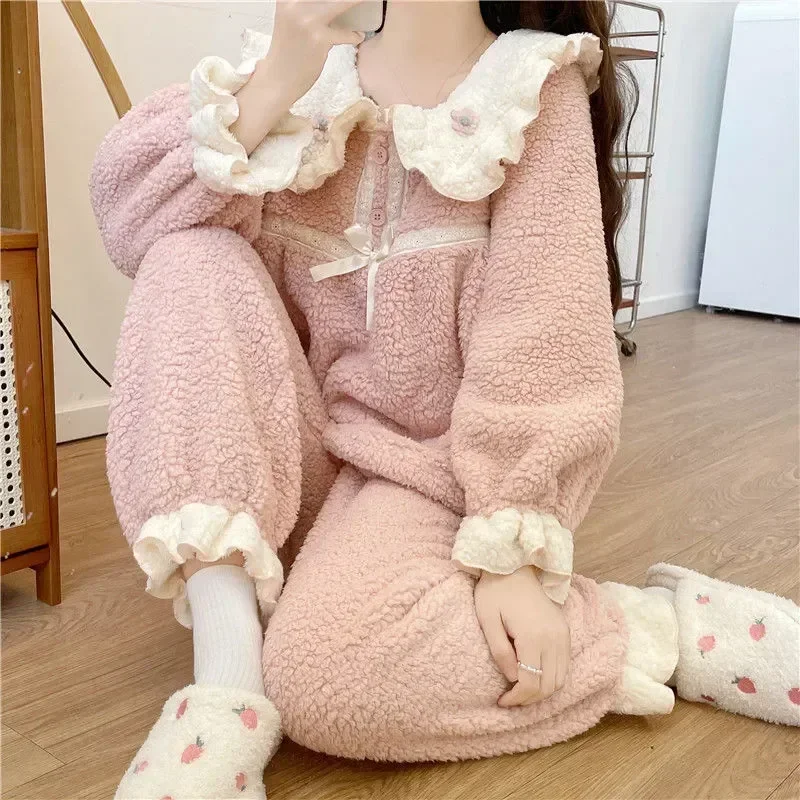 

2023 Fluffy Casual Button Women Warm Night Suit Ruffles Pant Home Sleepwear Set Wear Floral Fleece Piece Winter Piiama 2 Pajamas