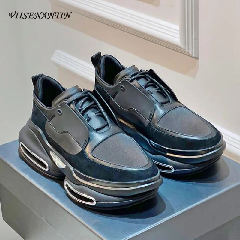 

Men Women Sneaker Cow Leather Patchwork Breathable Low Top Thick Sole Couple Daddy Shoe High Quality Unisex Sports Running Shoes