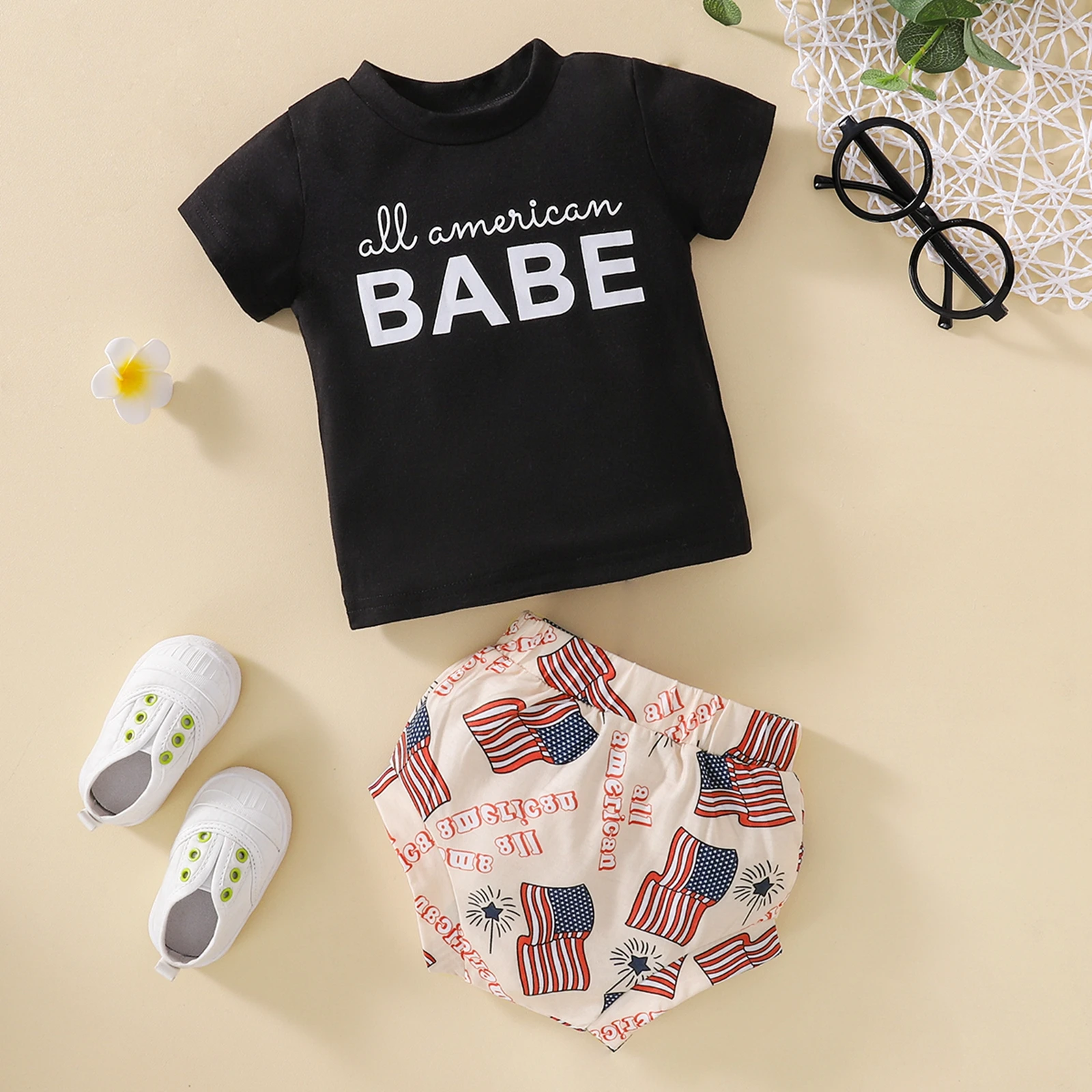 Baby Girls Shorts Set Short Sleeve Letters Print Tops With Elastic