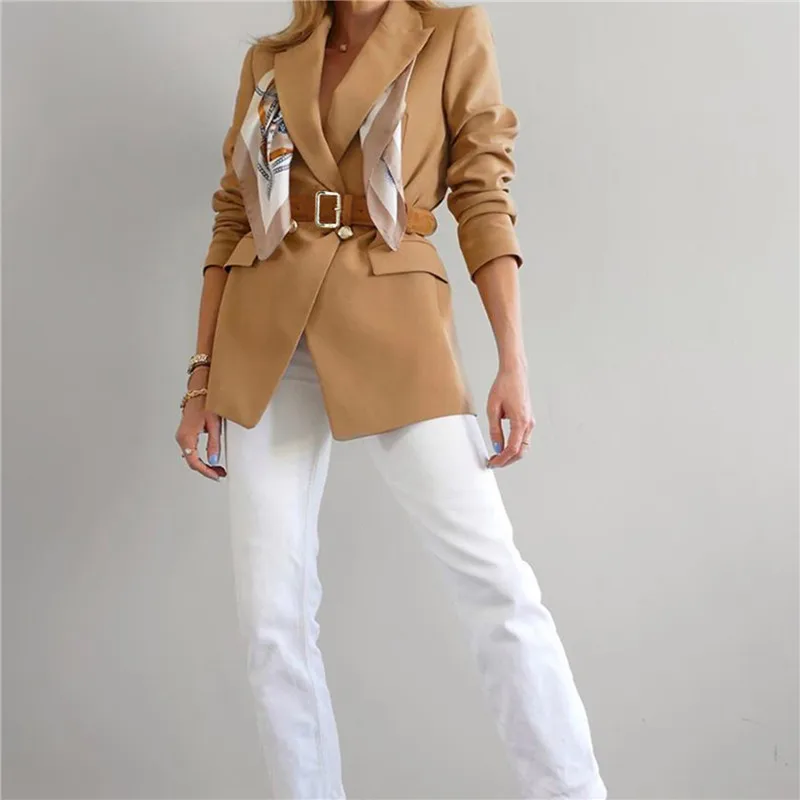 Female Suit Jacket Solid Color Tailored Collar Long Sleeve Greatcoat with Waistband for Women office lady Khaki/Black/Blue 2024