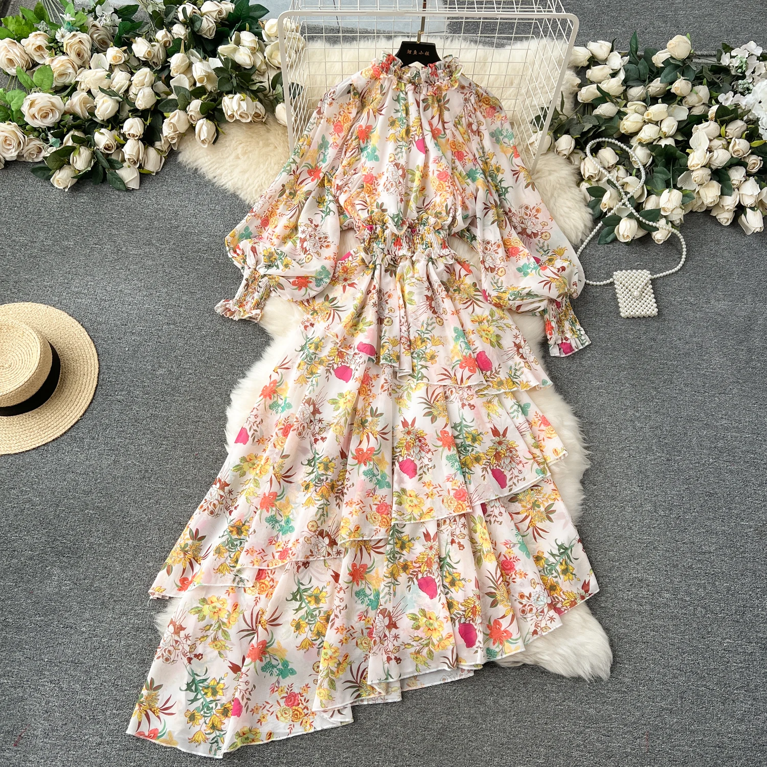 

Vintage Elegant Ruffle Asymmetric Print Tiered Dress Chic A-line Fashion Spring Autumn Long Sleeve Vestidos Women Dresses