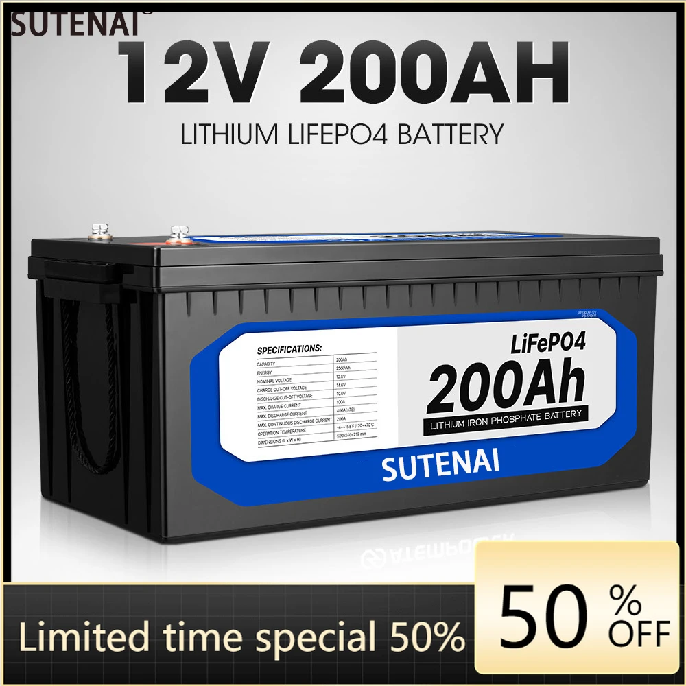 

12V 200Ah LiFePO4 Battery Built-in BMS Lithium Iron Phosphate Cell For RV Campers Golf Cart Off-Road Off-Grid Solar With Charger