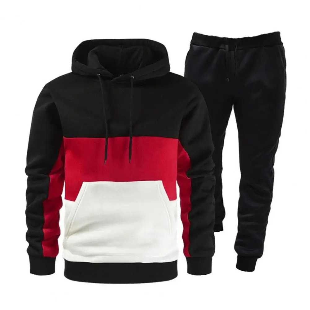 

Men Polyester Casual Suit Men's Contrast Color Hoodie Pants Set for Spring Fall Casual Drawstring Sweatshirt Elastic Waist