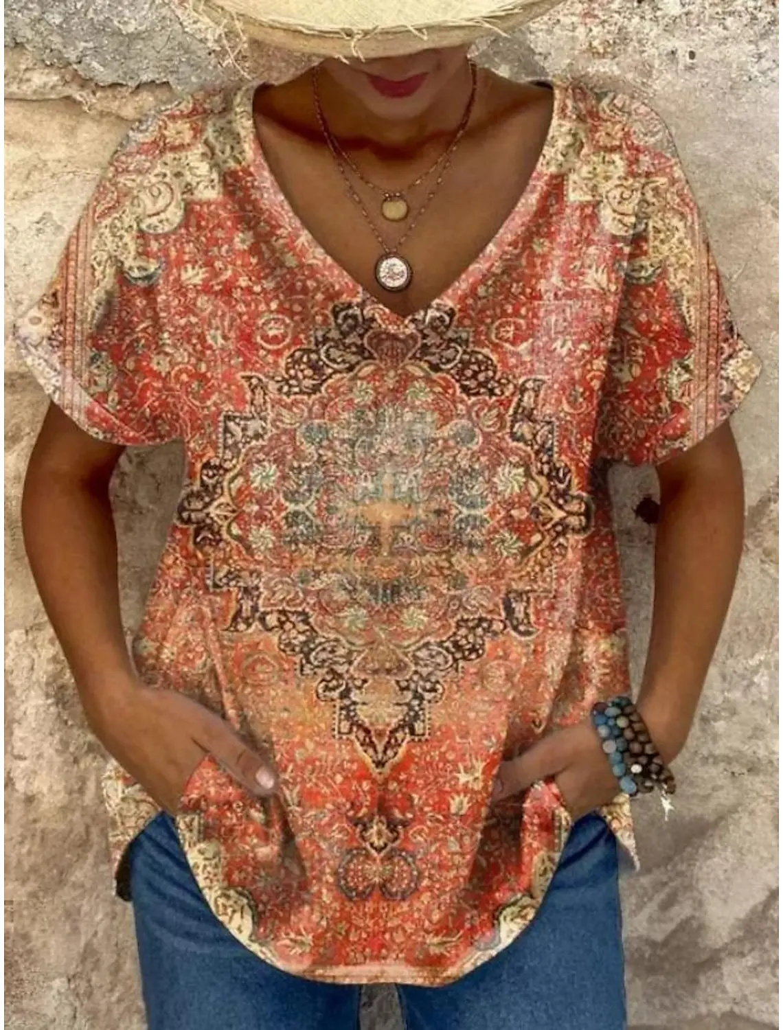 2025 Ethnic Women's T-Shirt Vintage Graphics Fashion Short Sleeved V-Neck Regular Tops Daily Print Tee Summer Spring Casual Tops 1