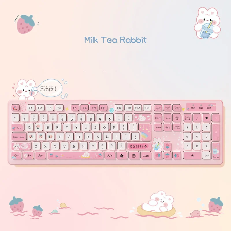 

104 Key Cute Gaming Wired Keyboard Kawaii Cartoon Rabbit Pink Keypad Girl Gamer Wireless Keyboard For Laptop PC Computer Desktop