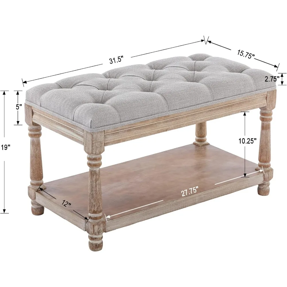 Farmhouse Tufted Storage Ottoman Bench with Shelf, 31.5" Width Linen Upholstered Entryway Shoe Ottoman Foot Stool 6