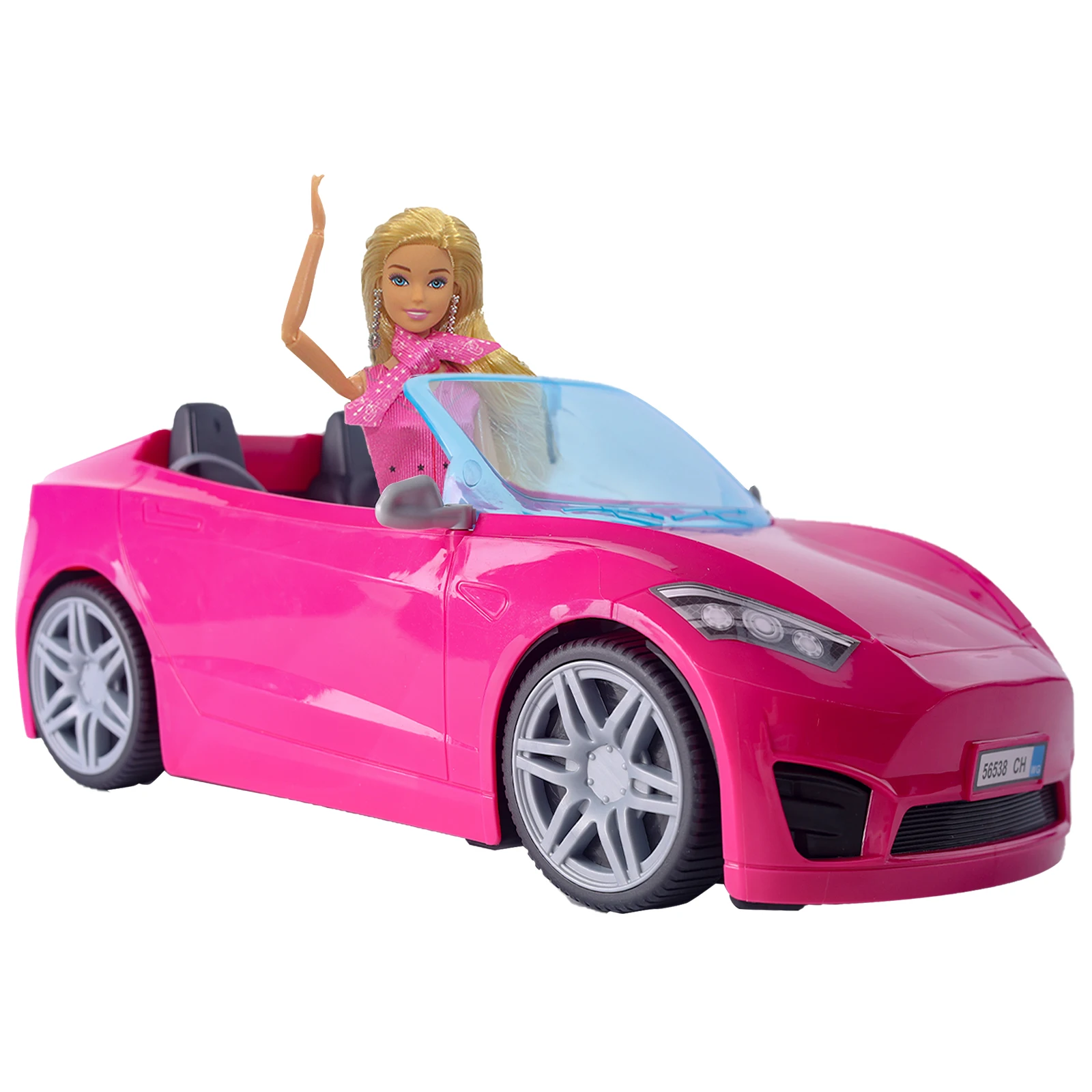 Doll Accessories Toy Car Playset Bright Pink Doll-Sized Convertible with 2 Seats Seatbelts & Rolling Wheels Realistic Details